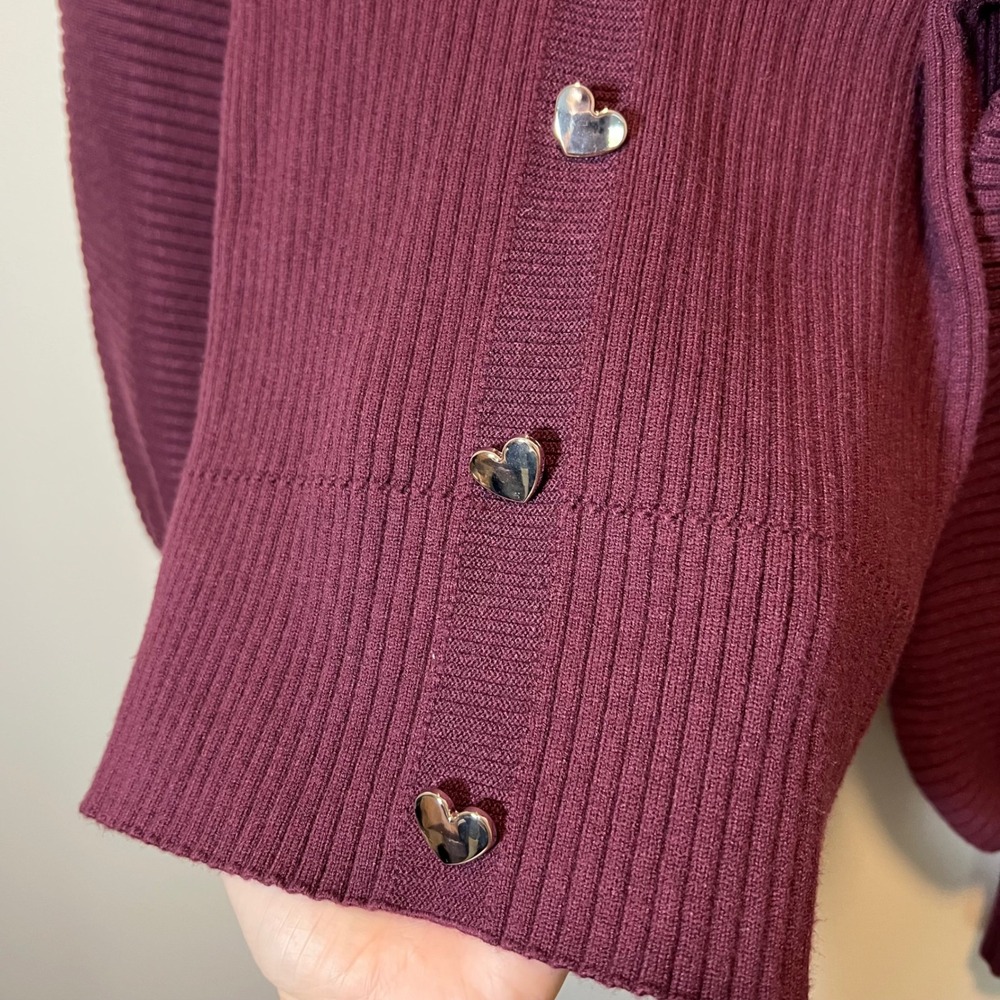 Anthropologie Ribbed Heart Button Cardigan Plum Puff Sleeve‎ Sweater XS NWT - Picture 5 of 12